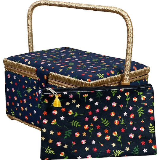 SINGER® Ditsy Floral Print Large Sewing Basket with Matching Zipper Pouch